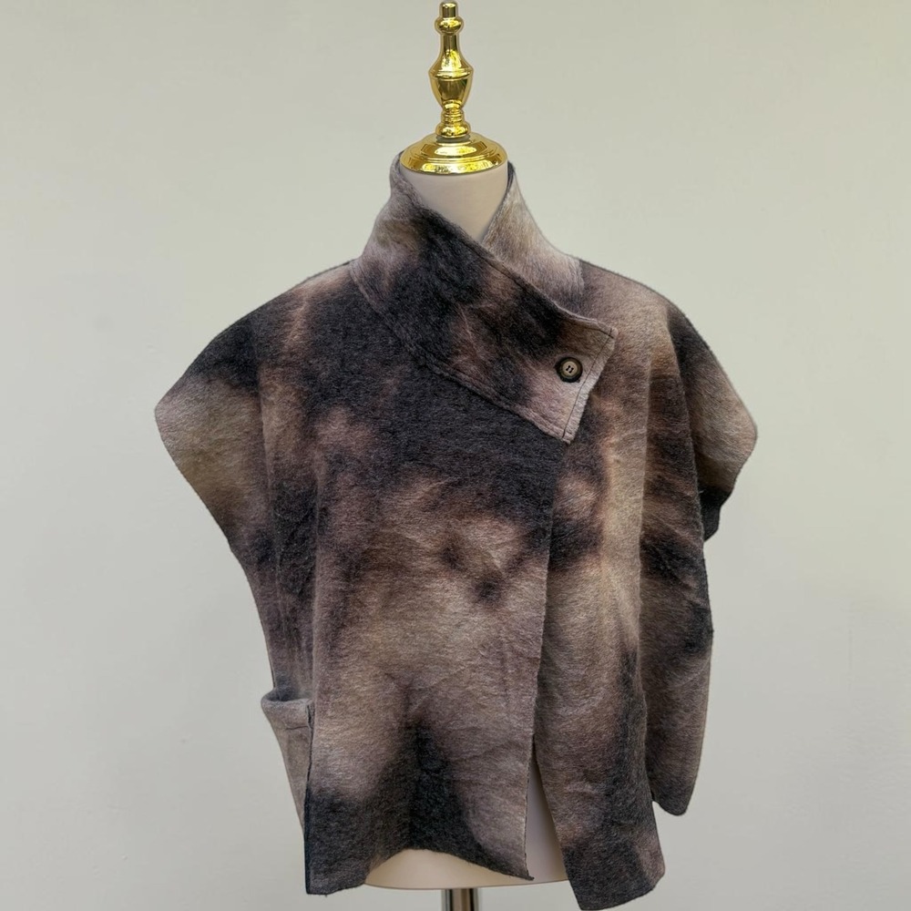 Bryn Walker Vest XS Brown Grey Wool Blend Abstract Marbled Lagenlook Funnel Neck